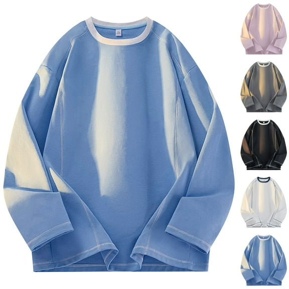 hlysgo Men's Long Sleeve Shirts Casual Crewneck Solid Color Basic Tees Classic Fall Winter Pullover Tops Loose Fit Tall Mens Fashion Clothes Light Blue XXXL