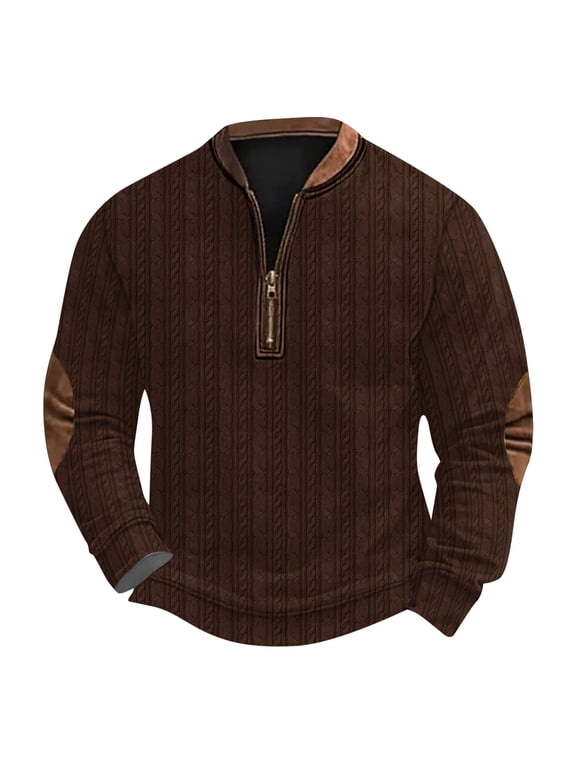 Men's Long Sleeve Tops Cable Knit Quarter Zip Mock Neck Pullover Sweater Fall Winter Elbow Patches Casual Comfy Knit Tops Brown,M