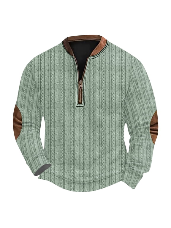 Men's Long Sleeve Tops Cable Knit Quarter Zip Mock Neck Pullover Sweater Fall Winter Elbow Patches Casual Comfy Knit Tops Green,M