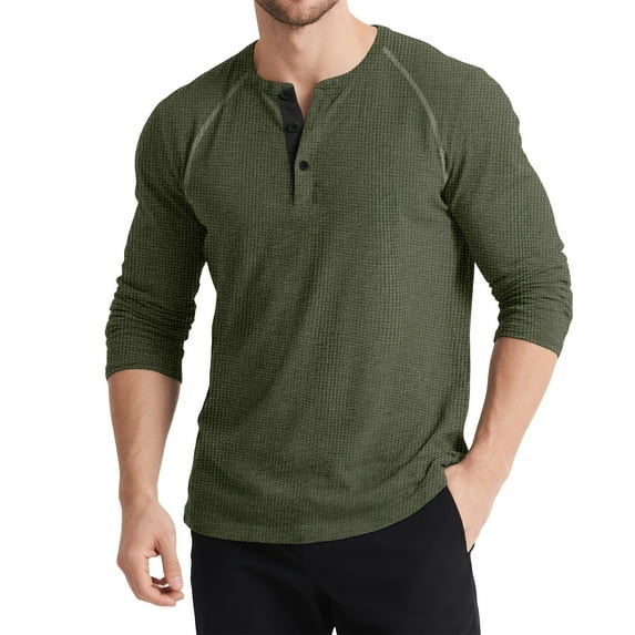 hlysgo Men's Long Sleeve Waffle Henley Shirts Fitted Solid Color Button up Pullover Shirt Comfy Vintage T Shirts Trendy Fall Winter Going Out Clothes Army Green L