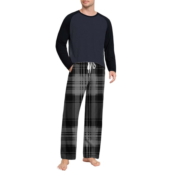 hlysgo Men's Pajamas Sets Soft Color Block Long Sleeve Raglan Shirts and Checked Sleepwear Pants Cozy Loungewear Mens Pjs Sets 2 Piece Dark Gray M
