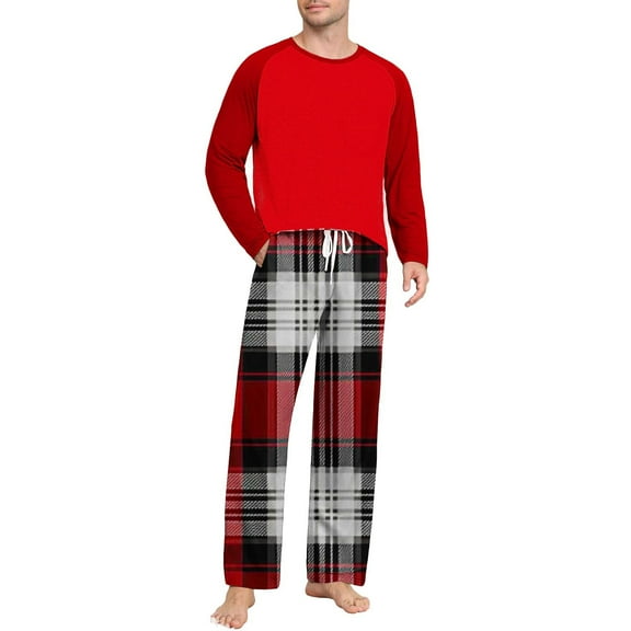 hlysgo Men's Pajamas Sets Soft Color Block Long Sleeve Raglan Shirts and Checked Sleepwear Pants Cozy Loungewear Mens Pjs Sets 2 Piece Red XXL