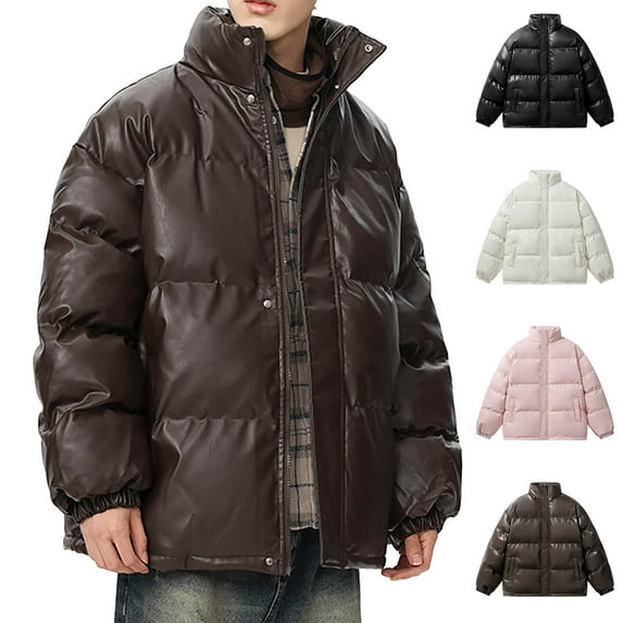 hlysgo Men's Puffer Jackets no Hood Shiny Full Zip up Quilted Puffy Jacket Men's Winer Coats Heavyweight Thermal Padded Outerwear Coat Coffee XXXL