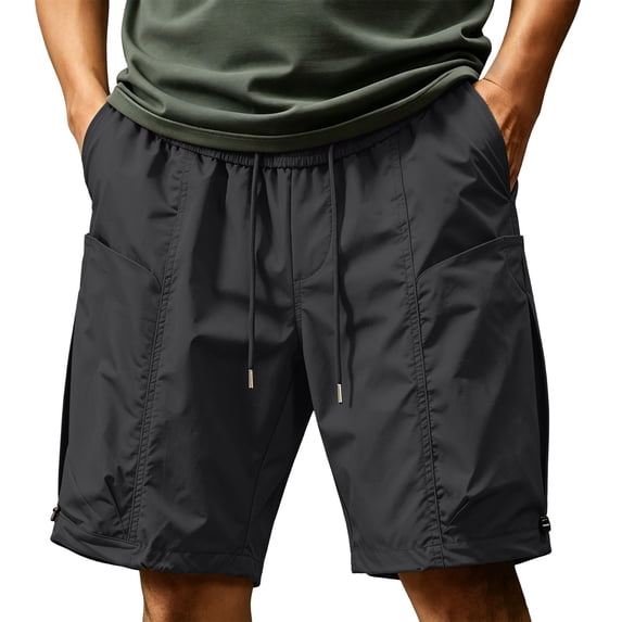 hlysgo Men's Quick Dry Cargo Shorts Big and Tall Drawstring Lightweight Breathable Short Sports Outdoor Shorts with Zipper Pockets Black,5xL