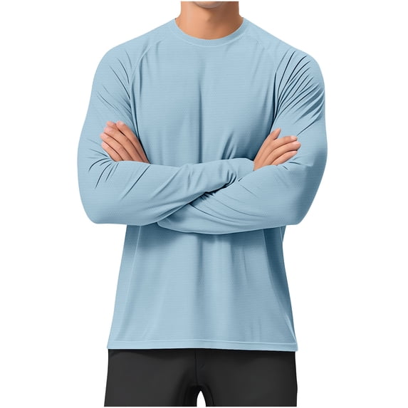hlysgo Men's Sun Protection Long Sleeve Shirts UPF 50+ UV SPF Lightweight Quick Dry Shirts Running Swim Rash Guard Fishing Shirts Light Blue,XL