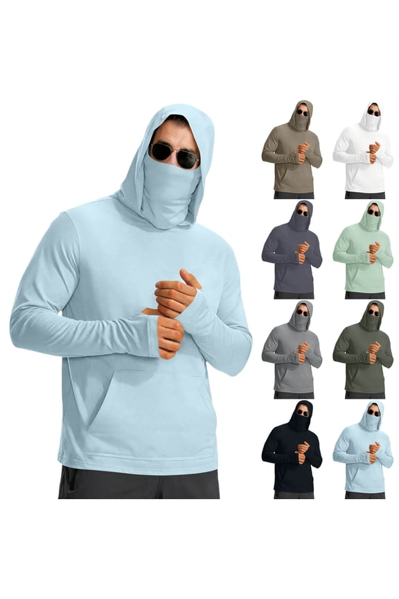 Men's Sun Protection Shirt with Pockets Summer Long Sleeve Cooling Hooded Shirt for Outdoor Work Breathable Workout Hiking UV Clothing Light Blue,3XL