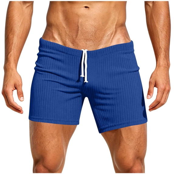 hlysgo Men's Swim Shorts 4 Inch Inseam Low Waist Running Shorts Yoga Gym Training Elastic Drawstring Beach Shorts with Pockets Blue,L