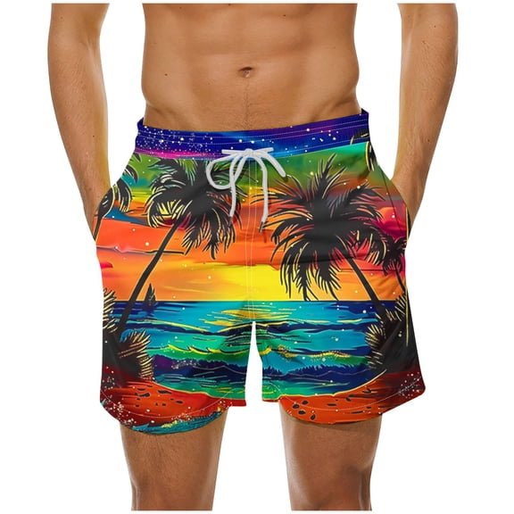 hlysgo Men's Swim Shorts with Pockets Drawstring Palm Tree Printed Beach Shorts for Men Quick Dry Swim Trunks no Liner Summer Traver Swimwear Orange S