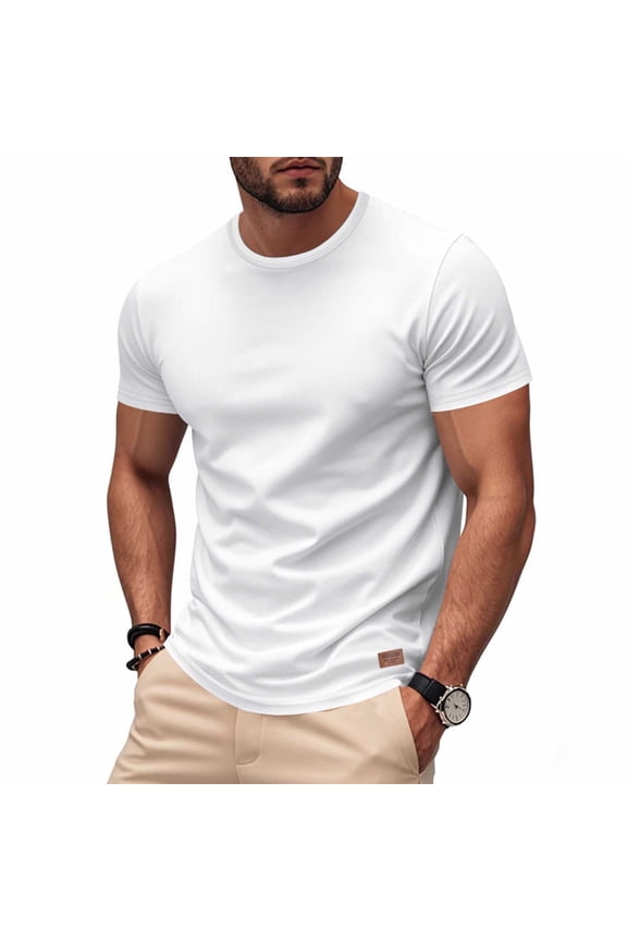 Men's T Shirts Short Sleeve Round Neck T Shirt for Men Fitted Solid Color Basic Tee Going Out Tops Summer Tshirt White L