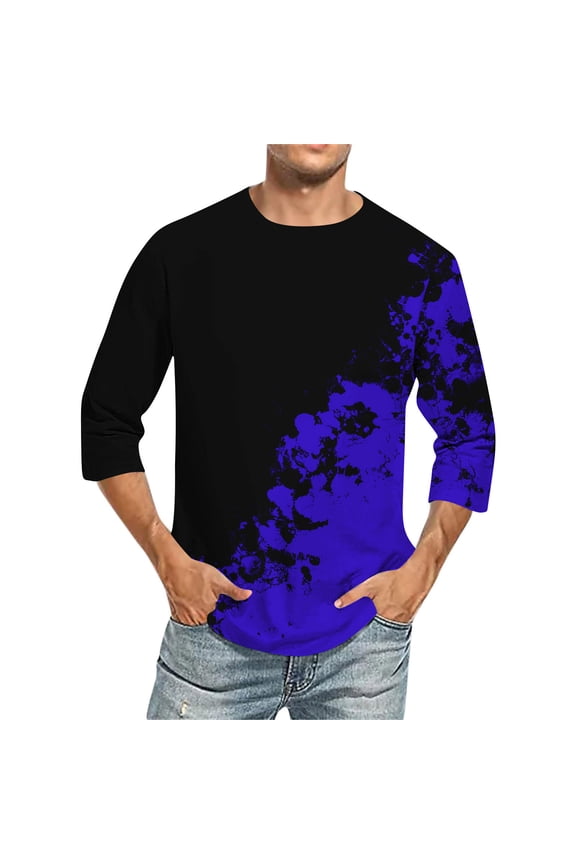 Men's Three Quarter Length Sleeve Tees Casual Crew Neck 3/4 Sleeve Gradient Shirt for Men Spring Summer Clothes Gym Running Sport Tops Blue M