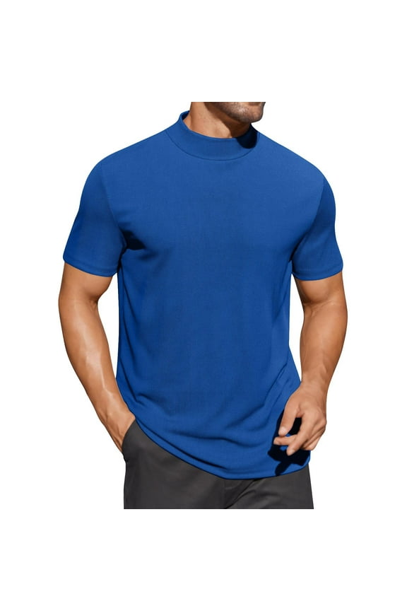 Men's Turtleneck Tshirts Fitted Solid Color Short Sleeve Ribbed Tops Casual Mock Neck Pullover Going Out Top Basic Tees for Men Dark Blue XXL