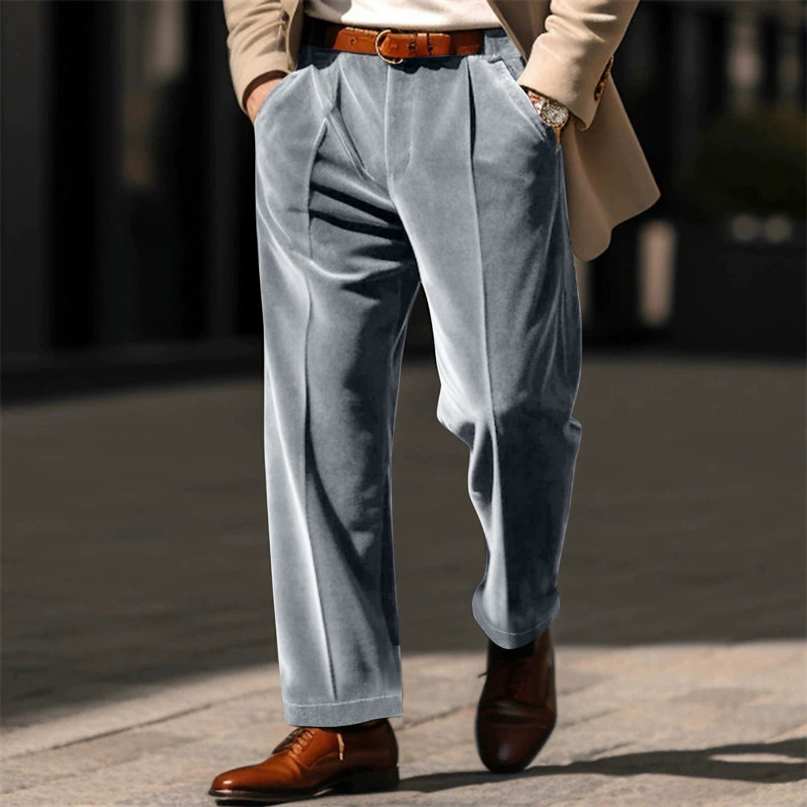 hlysgo Men's Velvet Dress Pants Regular Fit Wide Leg Work Office Suit ...