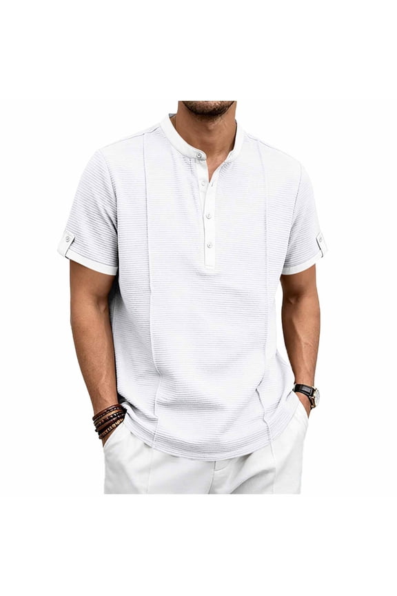 Men's Waffle Knit Shirts Short Sleeve Stand Collar Contrast Trim Henley Shirt Casual Daily Fashion Tops White,XL
