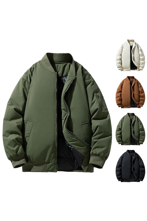 Men's Winter Bomber Jacket Thermal Quilted Lined Zip up Puffy Coats Warm Solid Color Work Jacket Casual Insulated Puffer Coat Army Green XXXL