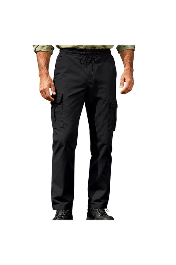 Men's Work Cargo Work Pants Elastic Waist Drawstring Solid Color Cargo Pants for Men with Pockets Relaxed Fit Hiking Outdoor Trousers Black XXL