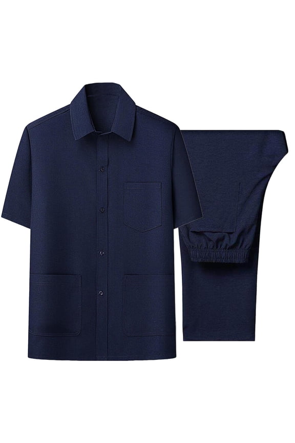 Mens 2 Piece Button Down Shirts and Pants Sets Casual Going Out Spring Outfits Solid Color Travel Vacation Set Trendy Clothing Set Navy,S