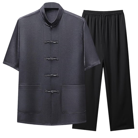 hlysgo Mens 2 Piece Outfits Sets Casual Frog Button Stand Collar Shirts and Pants Sets Trendy Tai Chi Outfit Tang Suit for Men Going Out Clothing Set Dark Gray,XXL