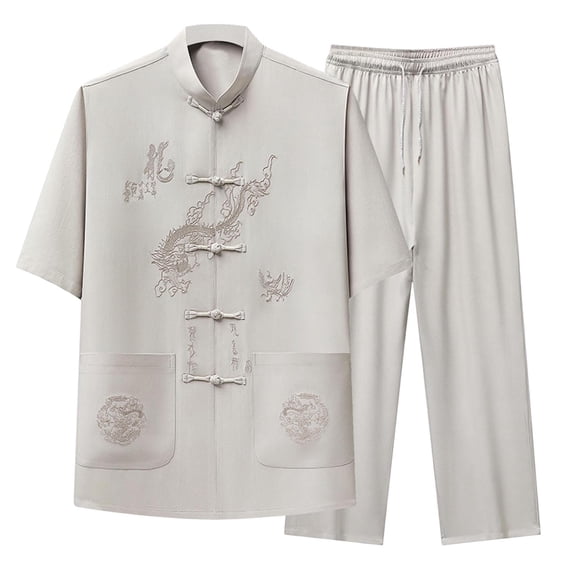 Jessboyy Mens 2 Piece Outfits Trendy Tang Suits for Men Casual Short Sleeve Frog Button Shirts and Pants Set Spring Summer Tai Chi Outfit Beige,S