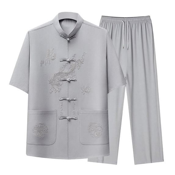 Jessboyy Mens 2 Piece Outfits Trendy Tang Suits for Men Casual Short Sleeve Frog Button Shirts and Pants Set Spring Summer Tai Chi Outfit Gray,XXL