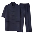 thumbnail image 1 of Jessboyy Mens 2 Piece Outfits Trendy Tang Suits for Men Casual Short Sleeve Frog Button Shirts and Pants Set Spring Summer Tai Chi Outfit Navy,XXXL, 1 of 3