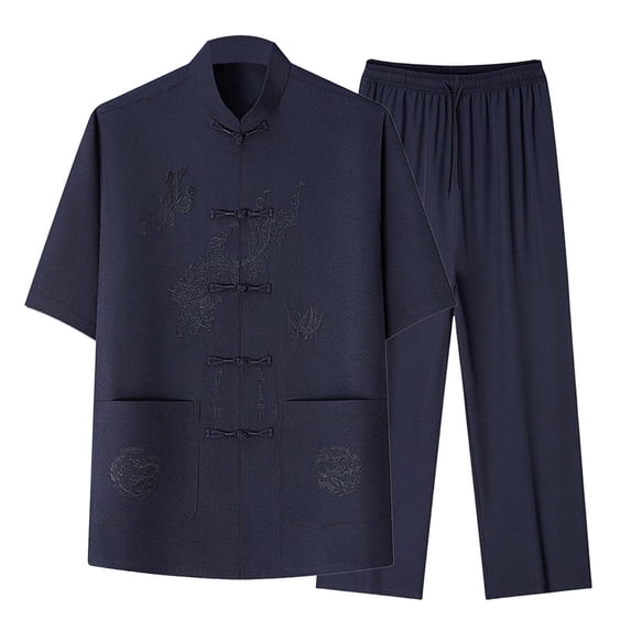 Jessboyy Mens 2 Piece Outfits Trendy Tang Suits for Men Casual Short Sleeve Frog Button Shirts and Pants Set Spring Summer Tai Chi Outfit Navy,XXXL