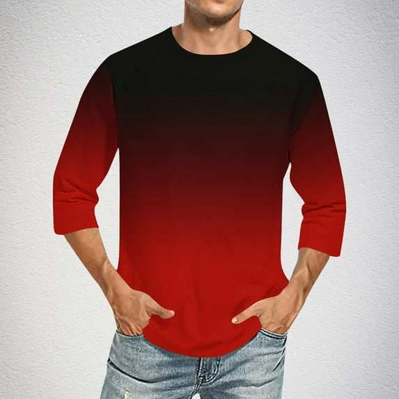 hlysgo Mens 3/4 Sleeve Baseball Shirts Casual Gradient Graphic Tees Big and Tall Crewneck Spring Summer Beach Tshirt Going Out Tops Red XXXL