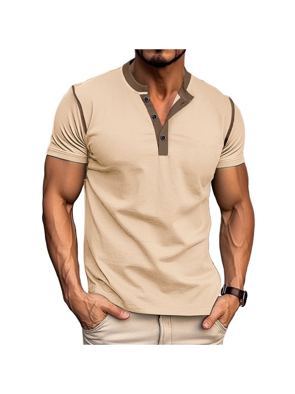 Mens 3 Button Shirts Short Sleeve no Collar Henley Shirts for Men Casual Summer Daily T-shirts Trendy Going Out Tops Vacation Beach Tees Beige L