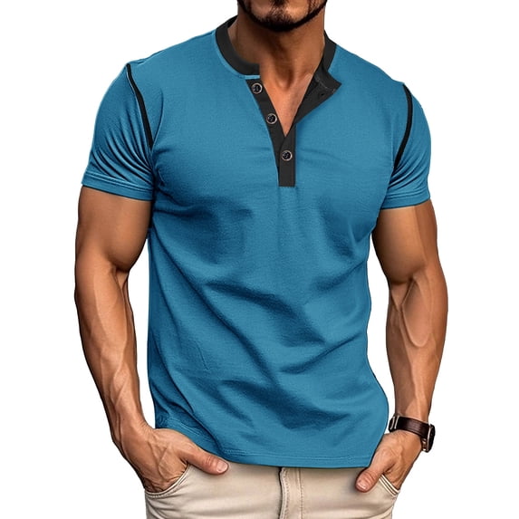 hlysgo Mens 3 Button Shirts Short Sleeve no Collar Henley Shirts for Men Casual Summer Daily T-shirts Trendy Going Out Tops Vacation Beach Tees Blue L