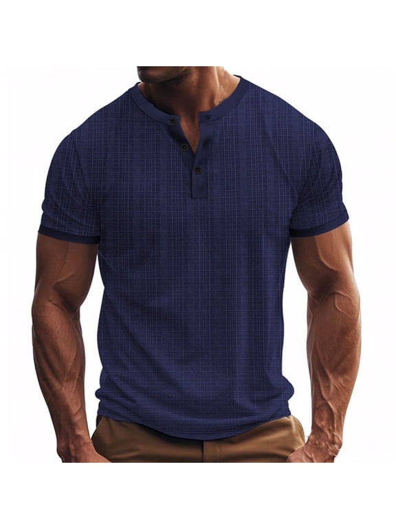 Mens 3 Button up Shirts no Collar Short Sleeve Henley Shirts for Men Summer Linen Tops Casual Solid Color Going Out Beach T-shirts Navy,XXL