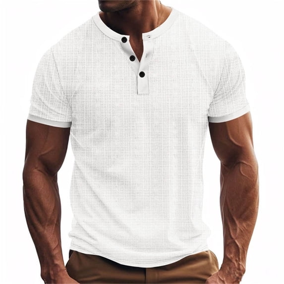 Jessboyy Mens 3 Button up Shirts no Collar Short Sleeve Henley Shirts for Men Summer Linen Tops Casual Solid Color Going Out Beach T-shirts White,XXXL
