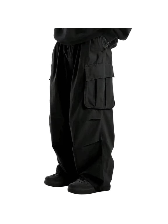 Mens Baggy Cargo Pants Casual Drawstring Loose Fit Hip Hop Pants Fashion Streetwear Trousers with Flap Pockets Black,M