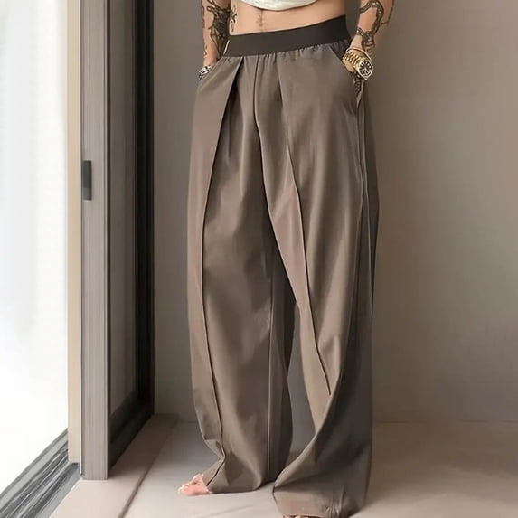 hlysgo Mens Baggy Dress Pants Business Casual Pleated Dress Slacks with Elastic Waistband Relaxed Fit Solid Color Suit Pants Comfy Work Trousers Coffee S