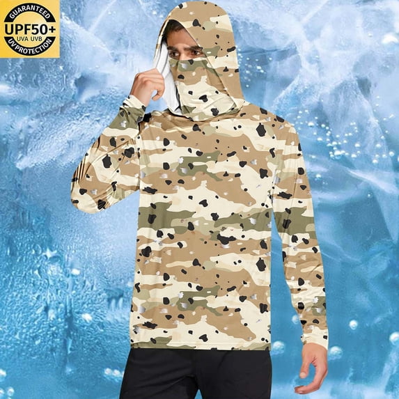 hlysgo Mens Beach Rash Guards Shirts Casual Long Sleeve Sun Protection Shirts for Men with Hood Summer Workout Outdoor Hiking UV T-shirts Khaki,XXL