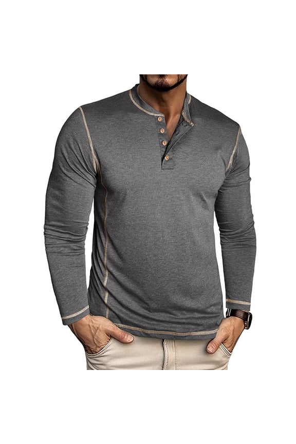Mens Big and Tall Henley Shirts Soft Solid Color Cotton Long Sleeve Tee Shirt Classic Fall Winter Pullover Tops Comfy Basic Tees Dark Gray XXXL