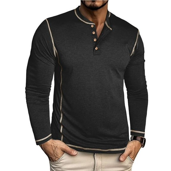 hlysgo Mens Big and Tall Henley Shirts Soft Solid Color Cotton Long Sleeve Tee Shirt Classic Fall Winter Pullover Tops Comfy Basic Tees Black XXXL