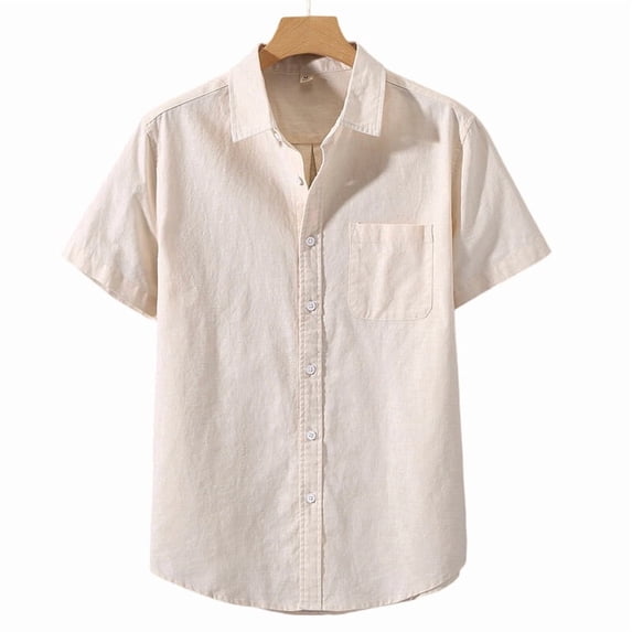 Jessboyy Mens Big and Tall Linen Button Down Shirts with Pocket Short Sleeve Solid Summer Vacation Tops Business Casual Button up Work Shirt Khaki L