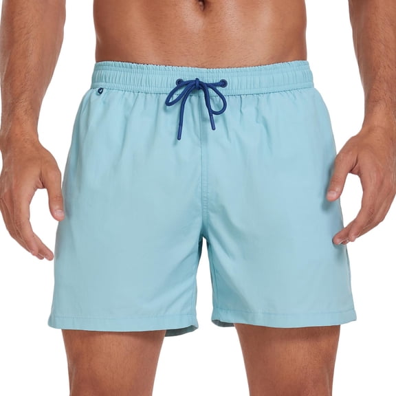 hlysgo Mens Board Shorts no Liner Drawstring Solid Color Swimming Trunks Quick Dry Beach Short with Pockets Summer Swimwear Travel Bathing Suits Light Blue M