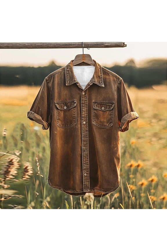 Mens Cargo Shirts Vintage Short Sleeve Button Down Shirts with Pockets Summer Big and Tall Work Shirt for Men Casual Streetwear Brown XXXXXL