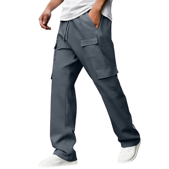 hlysgo Mens Cargo Wide Leg Pants with Multi Pockets Baggy Loose Causal Drawstring Waist Trousers Outdoor Relaxed Dailywear Pant Dark Gray,S