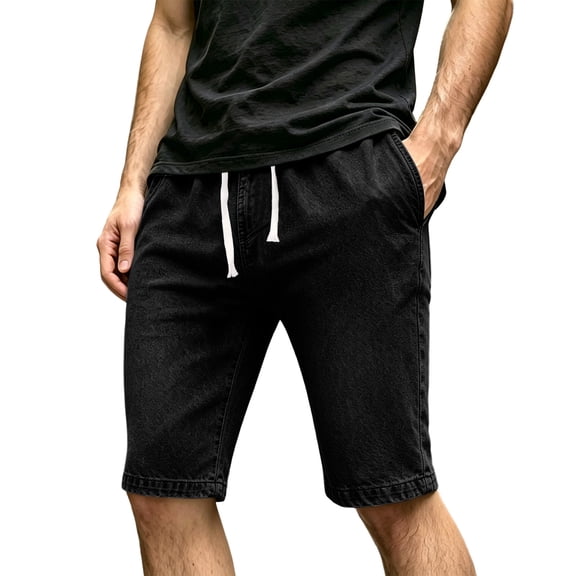 hlysgo Mens Casual Denim Shorts Wide Leg Athletic Shorts Vintage Acid Wash Drawstring Workout Shorts with Pockets Black,S
