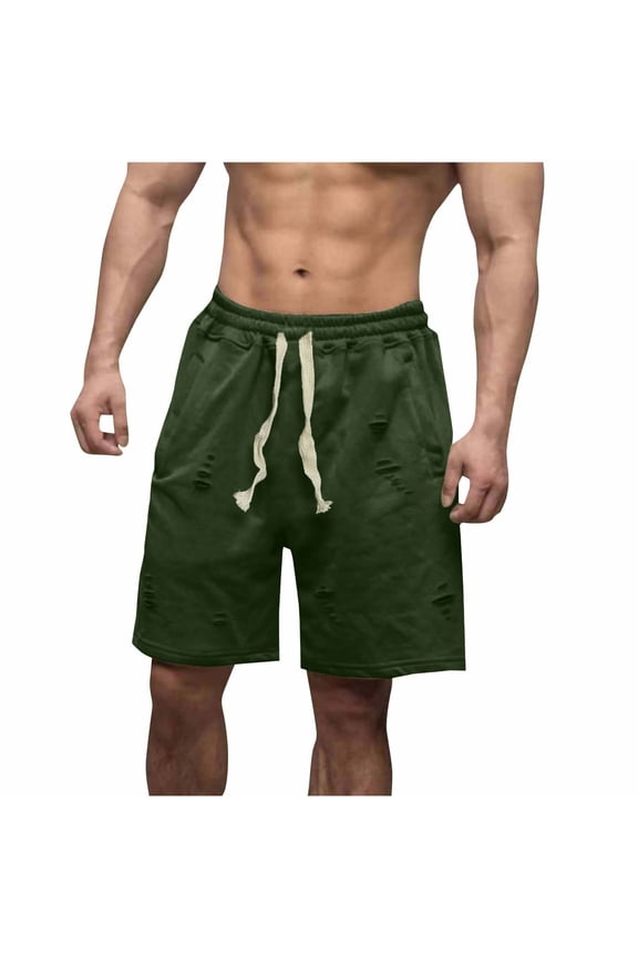 Mens Casual Shorts Drawstring Elastic Waist Ripped Workout Shorts 7" Relaxed Fit Solid Color Gym Sweatshorts with Pockets Army Green,Size M