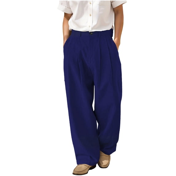 hlysgo Mens Causal Loose Pant Straight Wide Leg Elastic Waist Soft Trousers Summer Put On Pant with Pockets Dark Blue,2xL