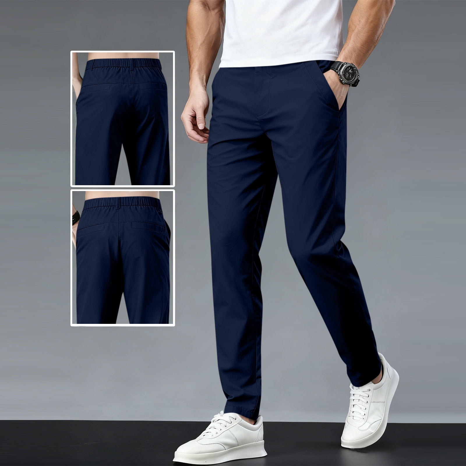 hlysgo Mens Chino Pants Relaxed Fit Elastic Waist Straight Leg Pants ...