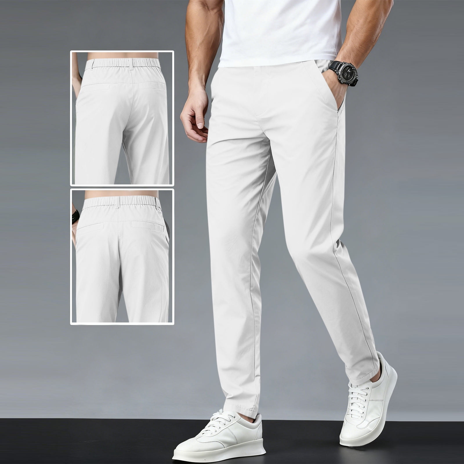 hlysgo Mens Chino Pants Relaxed Fit Elastic Waist Straight Leg Pants ...