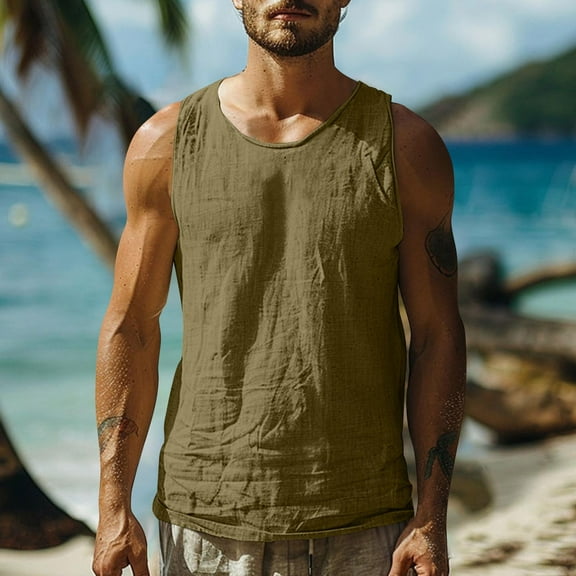hlysgo Mens Cotton Linen Tank Tops Big and Tall Vintage Solid Color Summer Beach Tank Top Loose Fit Breathable Sleeveless Gym Workout Shirts Army Green XXL