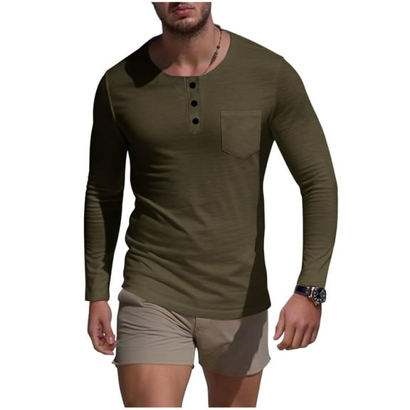 hlysgo Mens Cotton Shirts Fitted Long Sleeve Button up Henley Shirt Classic Base Layer Casual Solid Color Basic Tees Men's Pullover with Pocket Green XL