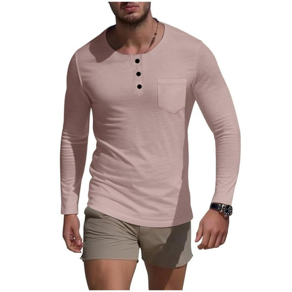 hlysgo Mens Cotton Shirts Fitted Long Sleeve Button up Henley Shirt Classic Base Layer Casual Solid Color Basic Tees Men's Pullover with Pocket Pink S