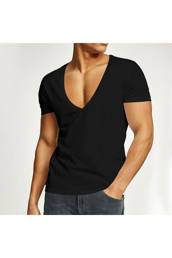Mens Deep V Neck T Shirts Skinny Fit Solid Color Short Sleeve Tee Shirt Quick Dry Stretchy Athletic Workout Gym Tops Black M