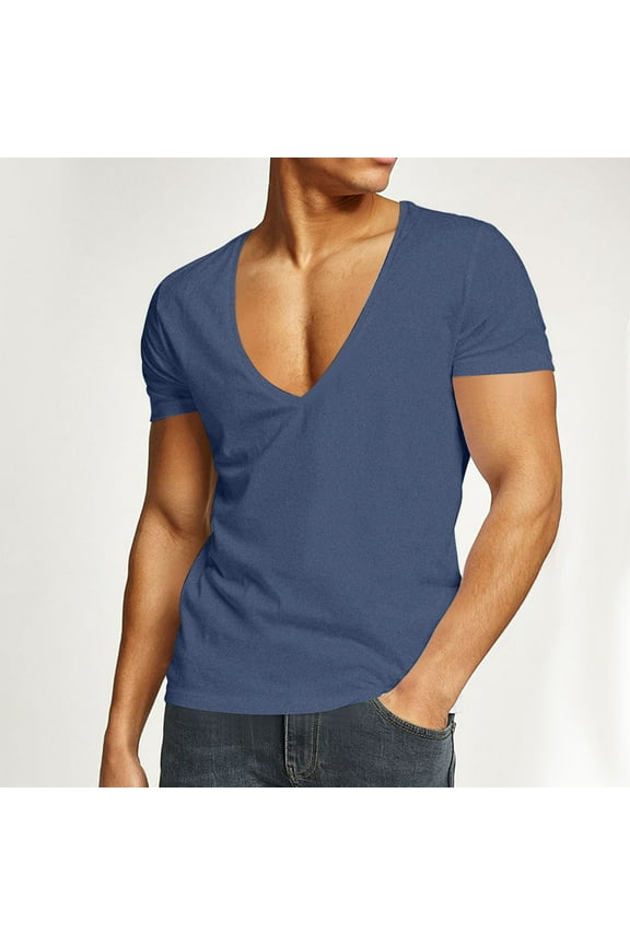 Mens Deep V Neck T Shirts Skinny Fit Solid Color Short Sleeve Tee Shirt Quick Dry Stretchy Athletic Workout Gym Tops Navy L