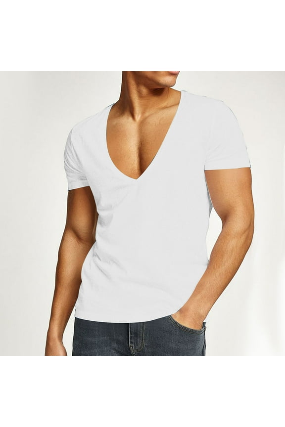 Mens Deep V Neck T Shirts Skinny Fit Solid Color Short Sleeve Tee Shirt Quick Dry Stretchy Athletic Workout Gym Tops White L